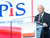 Jaroslaw Kaczynski, the leader of the right-wing Law and Justice (PiS) party, is speaking during a press conference in Warsaw, Poland, on Se...