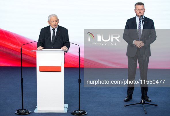 Jaroslaw Kaczynski, the leader of the right-wing Law and Justice (PiS) party and Mariusz Blaszczak during a press conference in Warsaw, Pola...