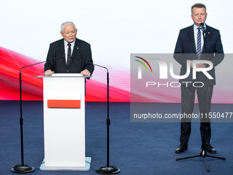 Jaroslaw Kaczynski, the leader of the right-wing Law and Justice (PiS) party and Mariusz Blaszczak during a press conference in Warsaw, Pola...