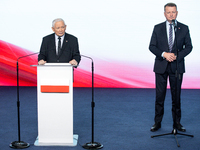 Jaroslaw Kaczynski, the leader of the right-wing Law and Justice (PiS) party and Mariusz Blaszczak during a press conference in Warsaw, Pola...