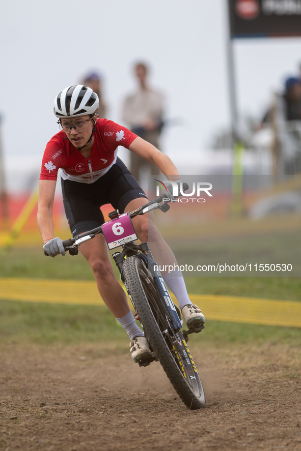 Emilly Johnston of Canada competes in the UCI Mountain Bike World Championships Women Under 23 in Pal Arinsal, Andorra, on August 31, 2024. 