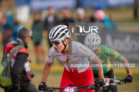 Kinga Zur of Poland competes in the UCI Mountain Bike World Championships Women Under 23 in Pal Arinsal, Andorra, on August 31, 2024. 