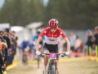 Isabella Holmgren of Canada participates in the UCI Mountain Bike World Championships Women Under 23 in Pal Arinsal, Andorra, on August 31,...