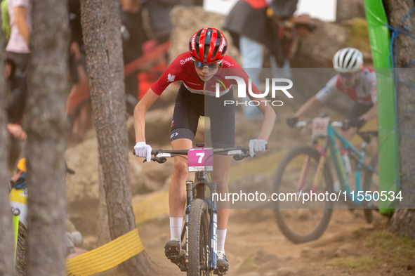 Isabella Holmgren of Canada participates in the UCI Mountain Bike World Championships Women Under 23 in Pal Arinsal, Andorra, on August 31,...