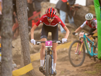 Isabella Holmgren of Canada participates in the UCI Mountain Bike World Championships Women Under 23 in Pal Arinsal, Andorra, on August 31,...