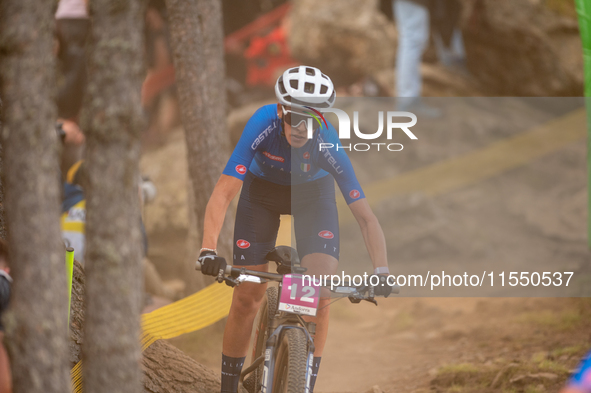 Valentina Corvi of Italy participates in the UCI Mountain Bike World Championships Women Under 23 in Pal Arinsal, Andorra, on August 31, 202...