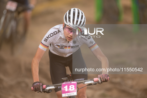 Luisa Daubermann of Germany competes in the UCI Mountain Bike World Championships Women Under 23 in Pal Arinsal, Andorra, on August 31, 2024...