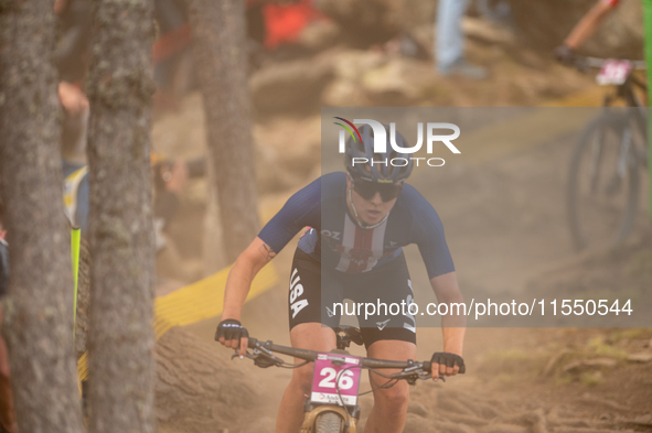 Sofia Waite of the USA competes in the UCI Mountain Bike World Championships Women Under 23 in Pal Arinsal, Andorra, on August 31, 2024. 