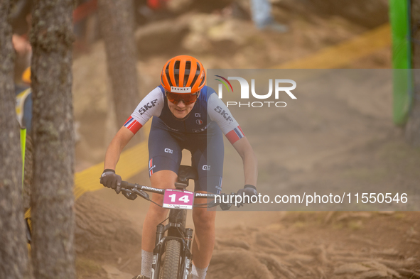 Lauriane Duraffourg of France competes in the UCI Mountain Bike World Championships Women Under 23 in Pal Arinsal, Andorra, on August 31, 20...