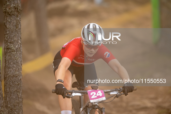 Oda Laforce of Norway competes in the UCI Mountain Bike World Championships Women Under 23 in Pal Arinsal, Andorra, on August 31, 2024. 