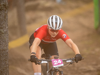 Oda Laforce of Norway competes in the UCI Mountain Bike World Championships Women Under 23 in Pal Arinsal, Andorra, on August 31, 2024. (