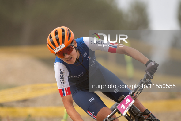 Lauriane Duraffourg of France competes in the UCI Mountain Bike World Championships Women Under 23 in Pal Arinsal, Andorra, on August 31, 20...