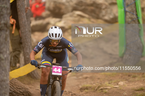 Laura Cagua of Colombia participates in the UCI Mountain Bike World Championships Women Under 23 in Pal Arinsal, Andorra, on August 31, 2024...