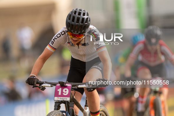 Finja Lipp of Germany participates in the UCI Mountain Bike World Championships Women Under 23 in Pal Arinsal, Andorra, on August 31, 2024. 