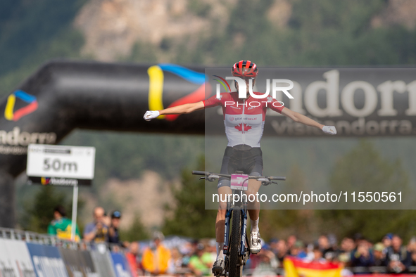 Isabella Holmgren of Canada participates in the UCI Mountain Bike World Championships Women Under 23 in Pal Arinsal, Andorra, on August 31,...