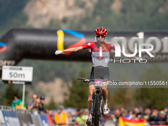 Isabella Holmgren of Canada participates in the UCI Mountain Bike World Championships Women Under 23 in Pal Arinsal, Andorra, on August 31,...