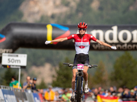 Isabella Holmgren of Canada participates in the UCI Mountain Bike World Championships Women Under 23 in Pal Arinsal, Andorra, on August 31,...