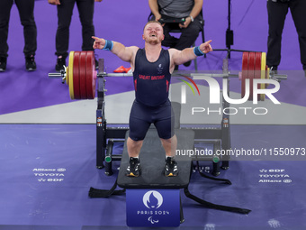 Mark Swan of Team Great Britain reacts during the Men's up to 65kg Para Powerlifting Final on day eight of the Paris 2024 Summer Paralympic...