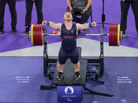 Mark Swan of Team Great Britain reacts during the Men's up to 65kg Para Powerlifting Final on day eight of the Paris 2024 Summer Paralympic...