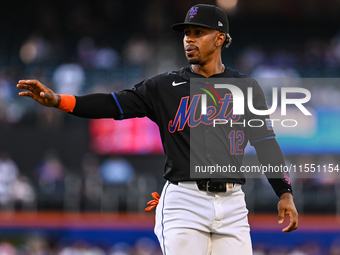 New York Mets shortstop Francisco Lindor #12 waves to fans prior to a game against the Washington Nationals at Citi Field in New York City,...