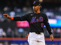 New York Mets shortstop Francisco Lindor #12 waves to fans prior to a game against the Washington Nationals at Citi Field in New York City,...