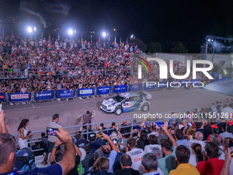 The driver Jourdan Serderidis and co-driver Frederic Miclotte of the M-Sport Ford WRT, Ford Puma Rally1 Hybrid, face the ceremonial start du...