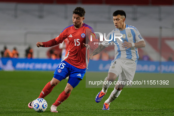 Felipe Loyola of Chile and Lisandro Martinez of Argentina are in action during the FIFA World Cup 2026 Qualifier match between Argentina and...