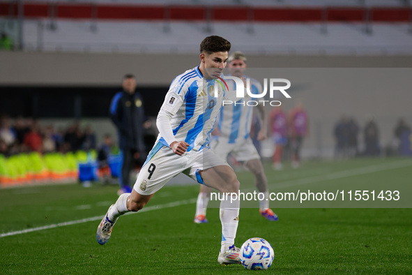 Julian Alvarez of Argentina is in action during the FIFA World Cup 2026 Qualifier match between Argentina and Chile at Estadio Mas Monumenta...