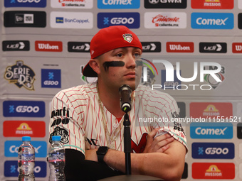 Julian Ornelas #31 of Diablos Rojos speaks during a press conference before match 2 between Sultanes de Monterrey and Diablos Rojos del Mexi...