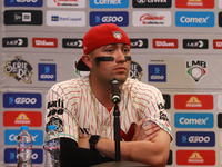 Julian Ornelas #31 of Diablos Rojos speaks during a press conference before match 2 between Sultanes de Monterrey and Diablos Rojos del Mexi...