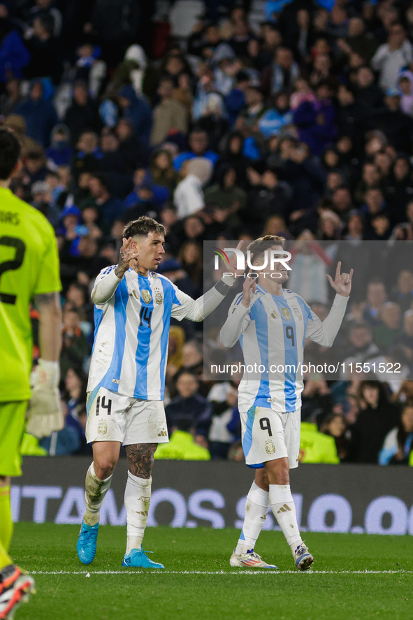 Julian Alvarez and Enzo Fernandez of Argentina celebrate after the second goal of their team during the FIFA World Cup 2026 Qualifier match...