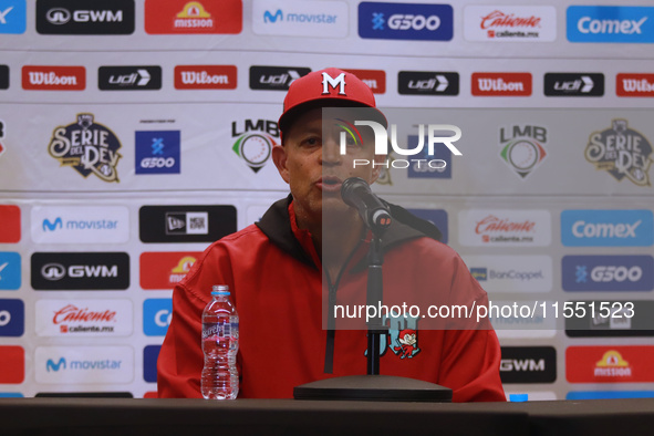 Lorenzo Bundy, manager of Diablos Rojos, speaks during a press conference before the match between Sultanes de Monterrey and Diablos Rojos d...