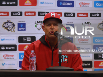 Lorenzo Bundy, manager of Diablos Rojos, speaks during a press conference before the match between Sultanes de Monterrey and Diablos Rojos d...