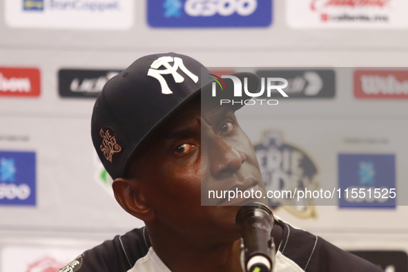 Roberto Kelly, manager of Sultanes de Monterrey, speaks during a press conference before the match between Sultanes de Monterrey and Diablos...