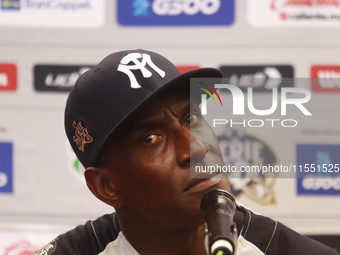 Roberto Kelly, manager of Sultanes de Monterrey, speaks during a press conference before the match between Sultanes de Monterrey and Diablos...