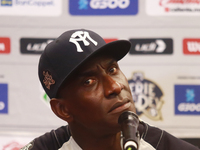 Roberto Kelly, manager of Sultanes de Monterrey, speaks during a press conference before the match between Sultanes de Monterrey and Diablos...