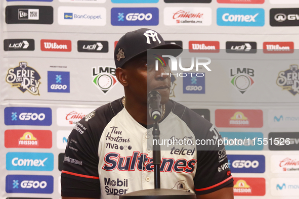 Roberto Kelly, manager of Sultanes de Monterrey, speaks during a press conference before the match between Sultanes de Monterrey and Diablos...