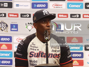 Roberto Kelly, manager of Sultanes de Monterrey, speaks during a press conference before the match between Sultanes de Monterrey and Diablos...