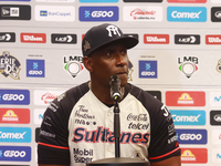 Roberto Kelly, manager of Sultanes de Monterrey, speaks during a press conference before the match between Sultanes de Monterrey and Diablos...