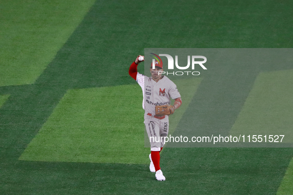 Franklin Barreto #43 of Diablos Rojos catches the ball against Sultanes de Monterrey during match 2 between Sultanes de Monterrey and Diablo...