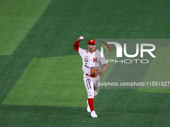 Franklin Barreto #43 of Diablos Rojos catches the ball against Sultanes de Monterrey during match 2 between Sultanes de Monterrey and Diablo...