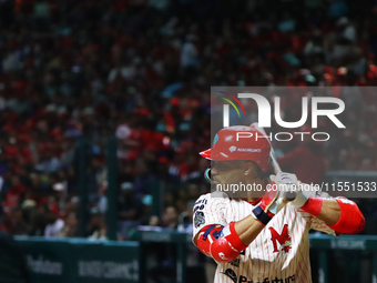 Robinson Cano #22 of Diablos Rojos bats against Sultanes de Monterrey during match 2 between Sultanes de Monterrey and Diablos Rojos del Mex...