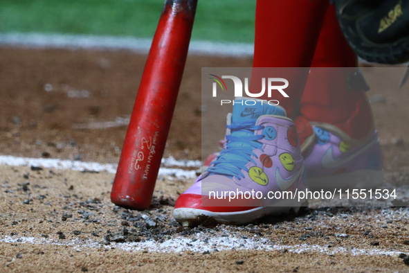 Robinson Cano's spikes are seen during the match between Sultanes de Monterrey and Diablos Rojos del Mexico, part of the King Series 2024 of...