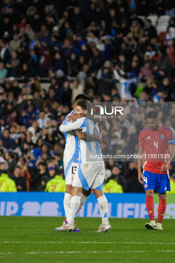 Julian Alvarez and Cristian Romero of Argentina celebrate after the second goal of their team during the FIFA World Cup 2026 Qualifier match...