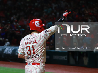 Julian Ornelas #31 of Diablos Rojos celebrates against Sultanes de Monterrey during match 2 between Sultanes de Monterrey and Diablos Rojos...