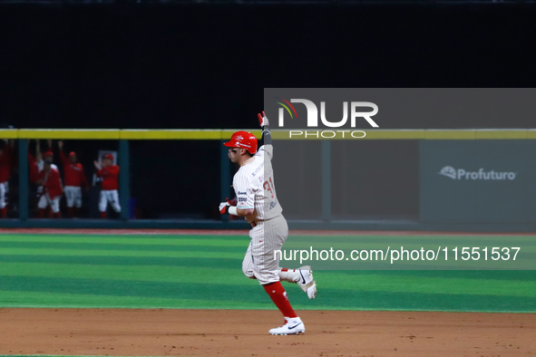 Julian Ornelas #31 of Diablos Rojos celebrates against Sultanes de Monterrey during match 2 between Sultanes de Monterrey and Diablos Rojos...