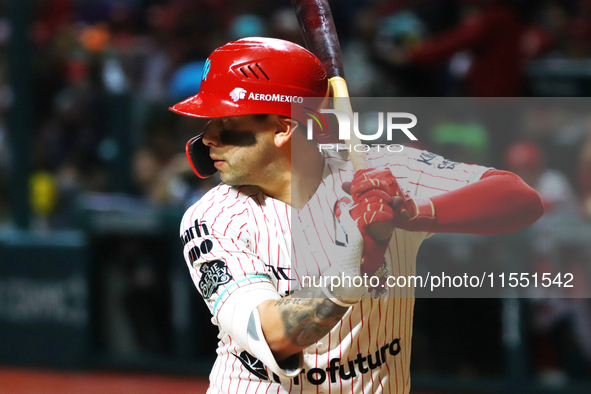 Juan Carlos Gamboa #47 of Diablos Rojos bats against Sultanes de Monterrey during match 2 between Sultanes de Monterrey and Diablos Rojos de...