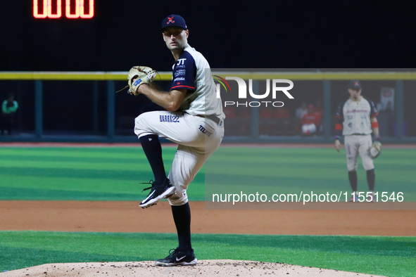 Tyler Viza #46 of Sultanes de Monterrey pitches the ball against Diablos Rojos during match 2 between Sultanes de Monterrey and Diablos Rojo...