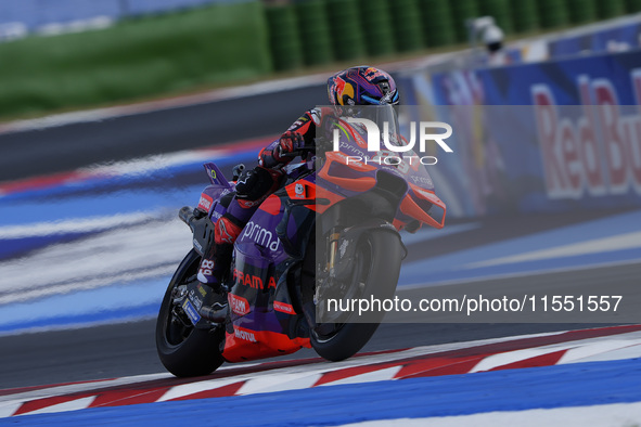 Jorge Martin of Spain and Prima Pramac Racing rides on track during Free Practice of MotoGP Of San Marino at Misano World Circuit in Misano...