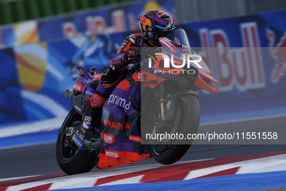 Jorge Martin of Spain and Prima Pramac Racing rides on track during Free Practice of MotoGP Of San Marino at Misano World Circuit in Misano...